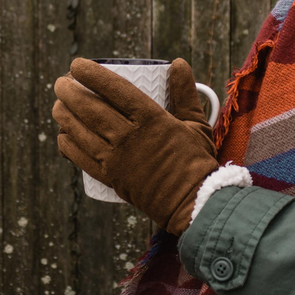 Women's Microsuede Touchscreen Gloves in Cognac on Model