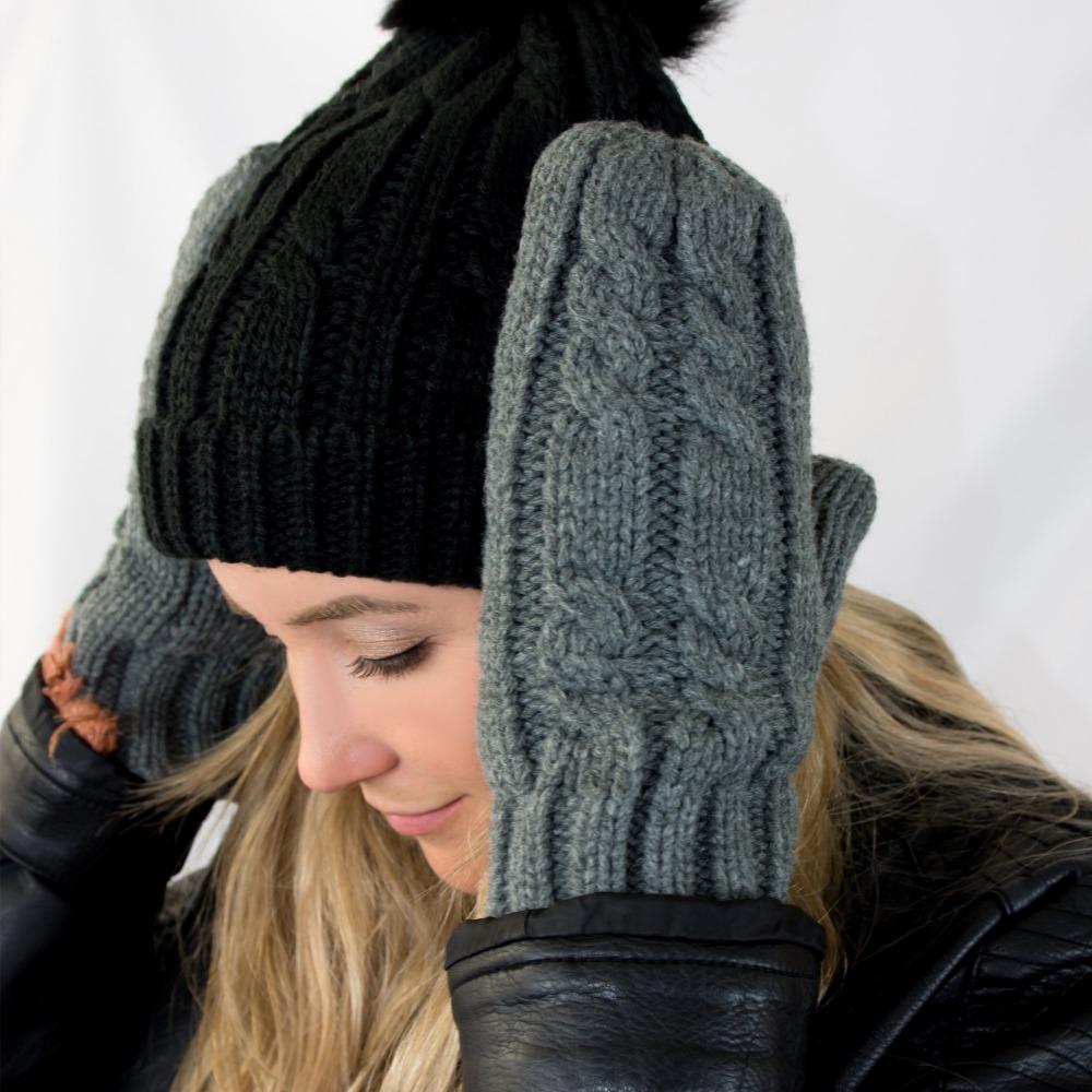 Women's Chunky Cable Knit Mittens in Dark Charcoal Heather on Model