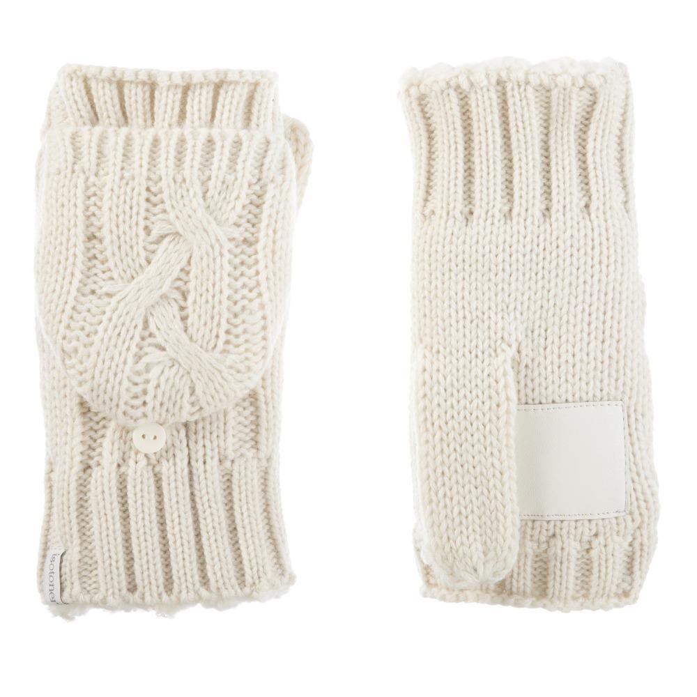 Women's Chunky Cable Knit Flip-Top Mittens in Ivory Front and Back