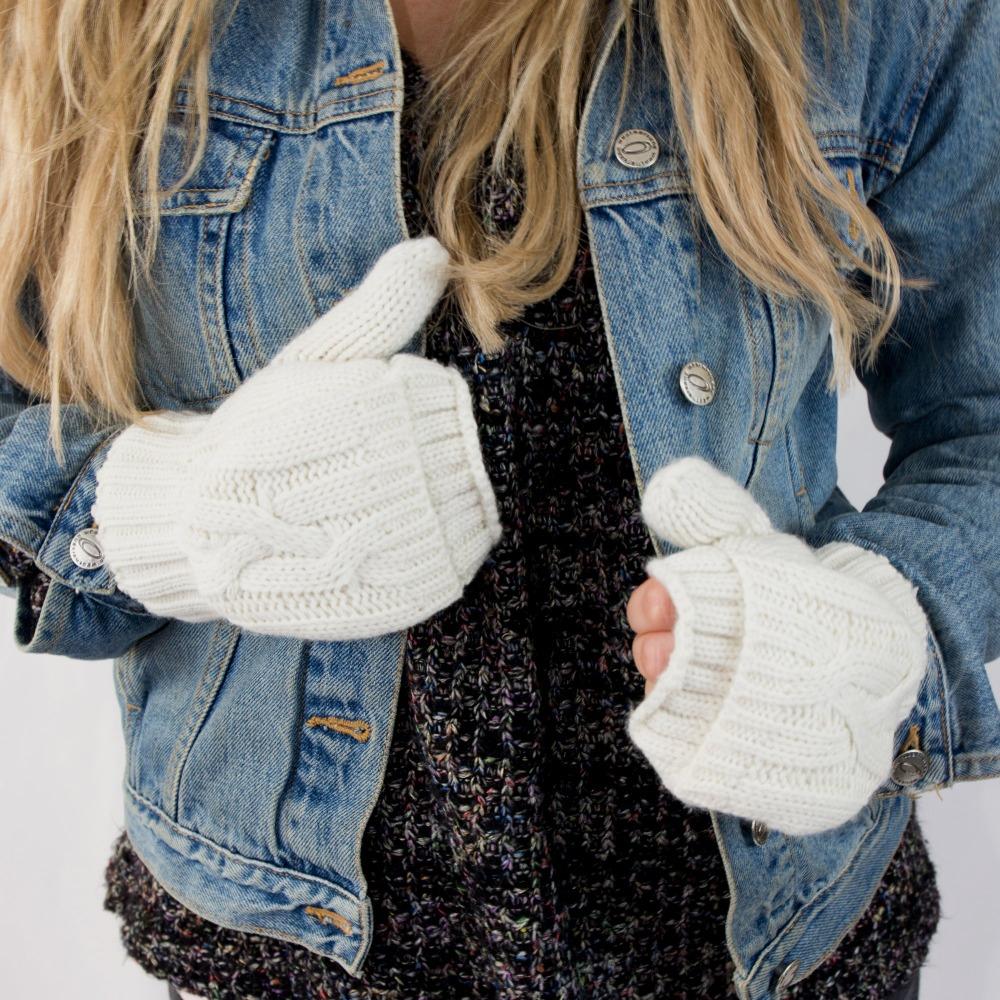 Women's Chunky Cable Knit Flip-Top Mittens in Ivory on Model
