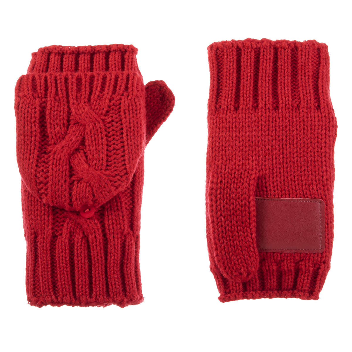 Women's Chunky Cable Knit Flip-Top Mittens in Really Red Front and Back