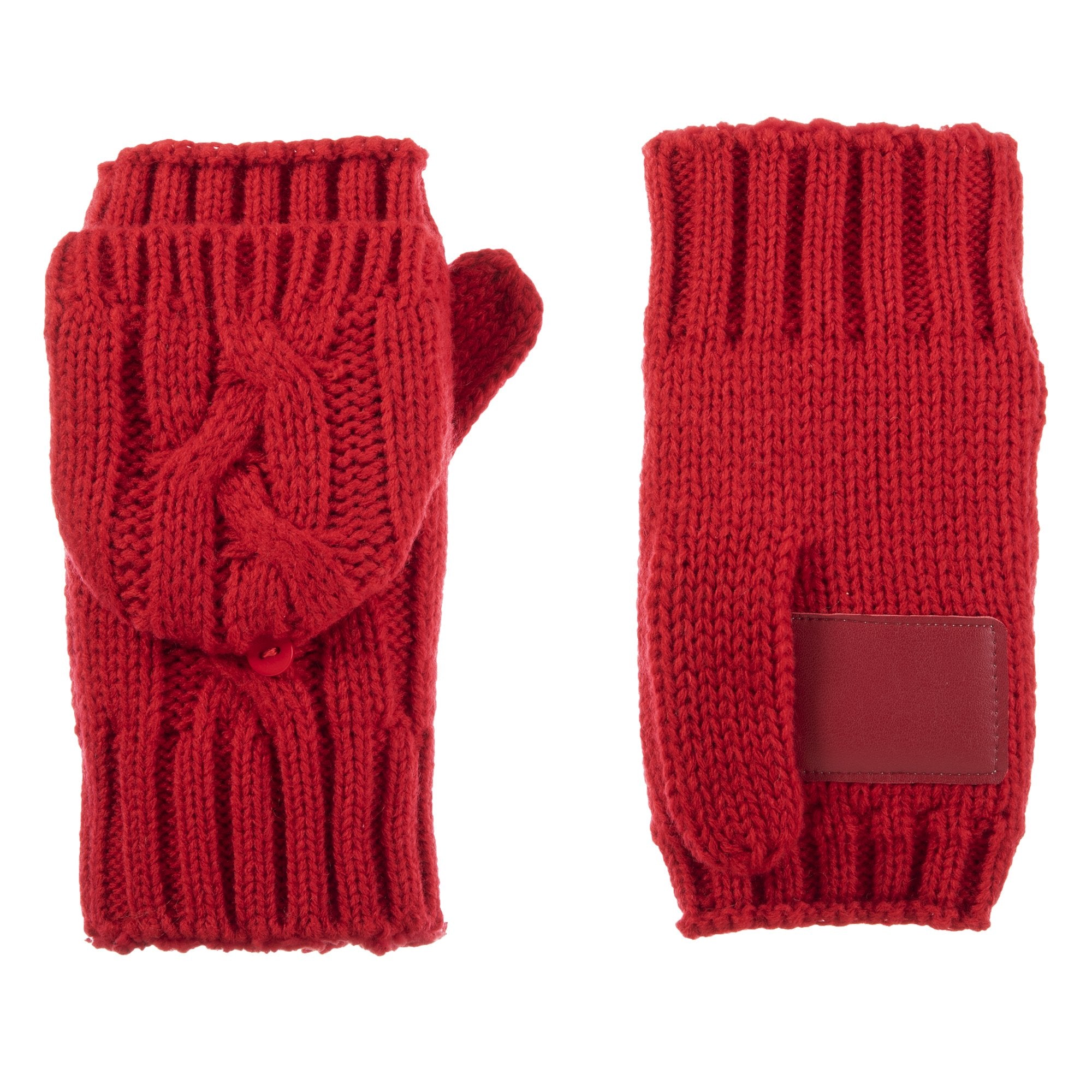 Women's Chunky Cable Knit Flip-Top Mittens in Really Red Front and Back