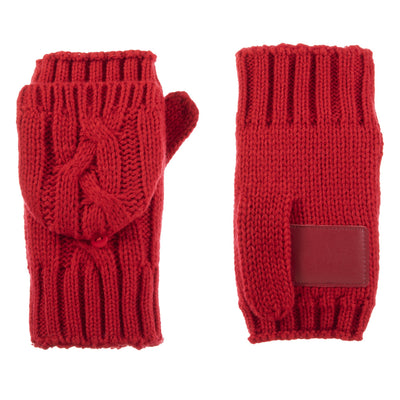 Women's Chunky Cable Knit Flip-Top Mittens in Really Red Front and Back