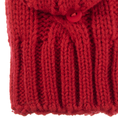 Women's Chunky Cable Knit Flip-Top Mittens in Really Red Cuff Detail