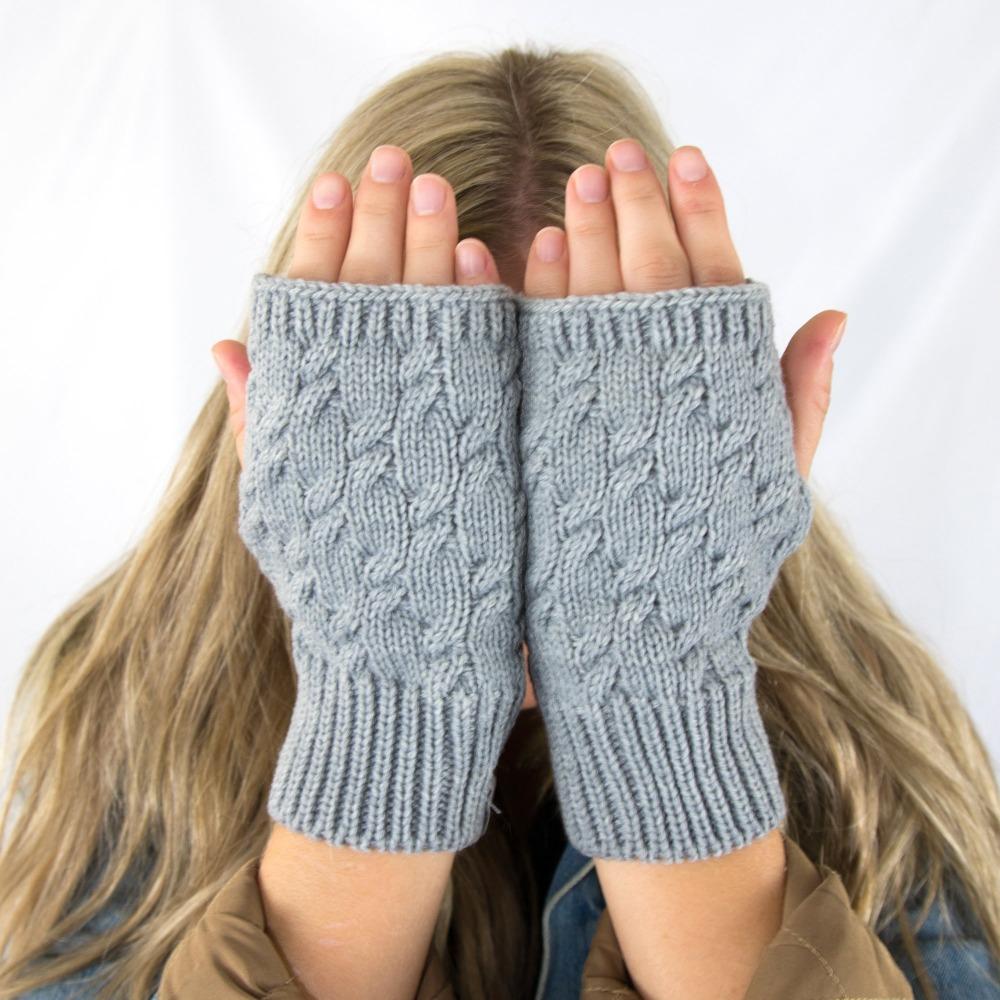 Women's Acrylic Fingerless Glove Cozies  Heather (Grey) on Model