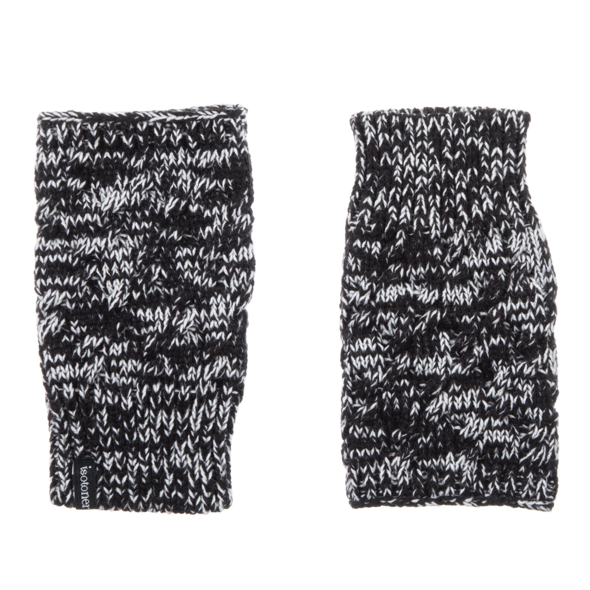 Women's Acrylic Fingerless Glove Cozies in Black Stripe Front and Back
