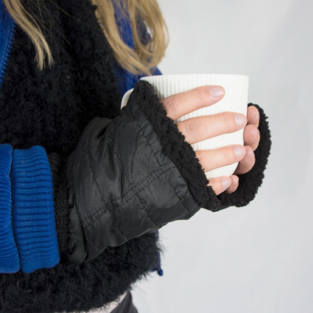 Women's Quilted Fingerless Glove Cozies in Black on Model
