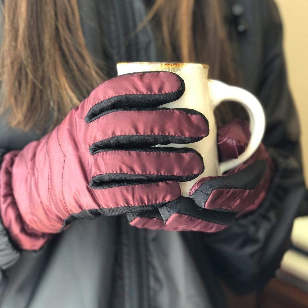 Women's Quilted Gloves with Double Lining Plum on Model