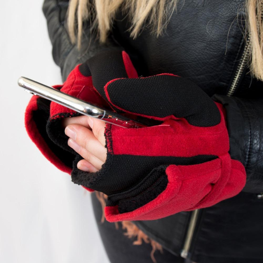 Women's Fleece Stretch Flip-Top Mittens in Really Red On Model
