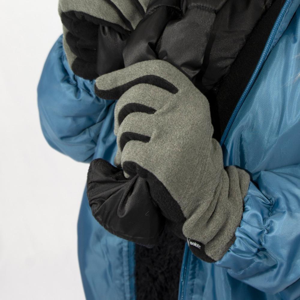 Women's stretch fleece gloves with quilt stitching on model in heather grey