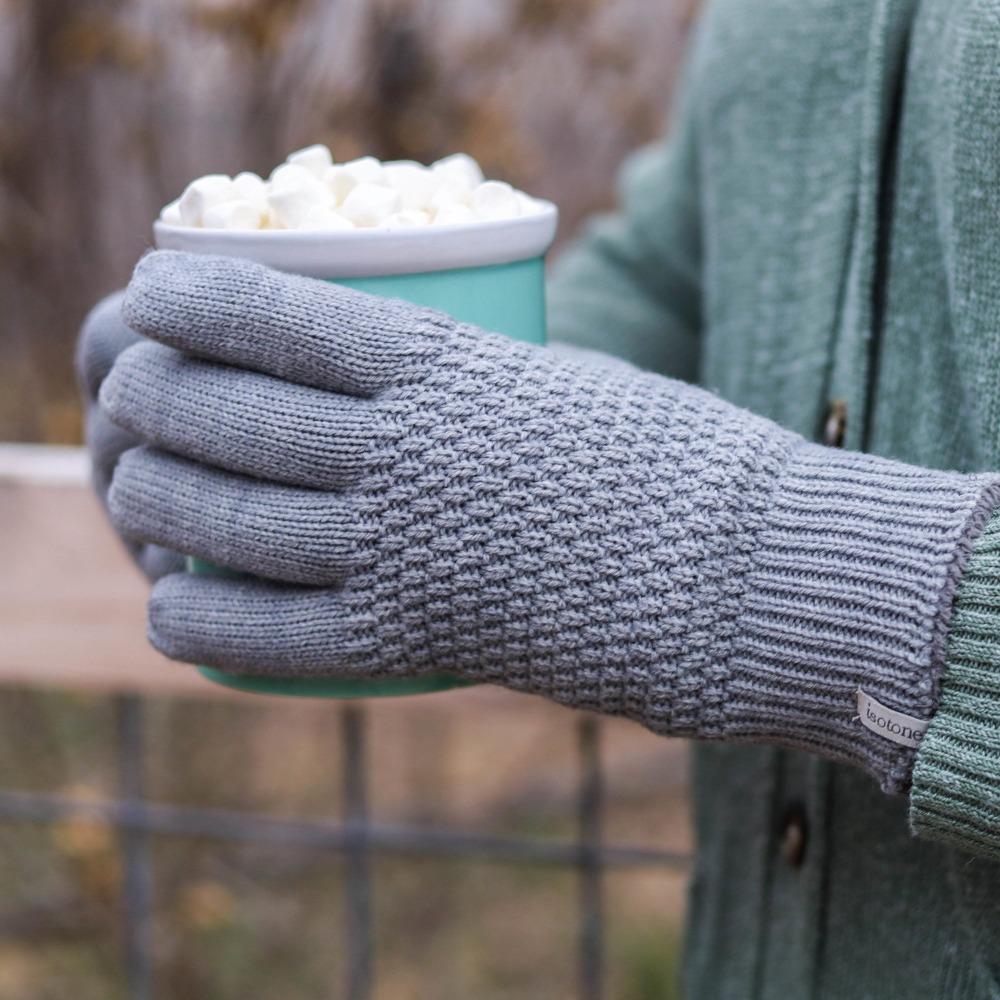 Women's Textured Knit Gloves in Heather (Grey) on Model