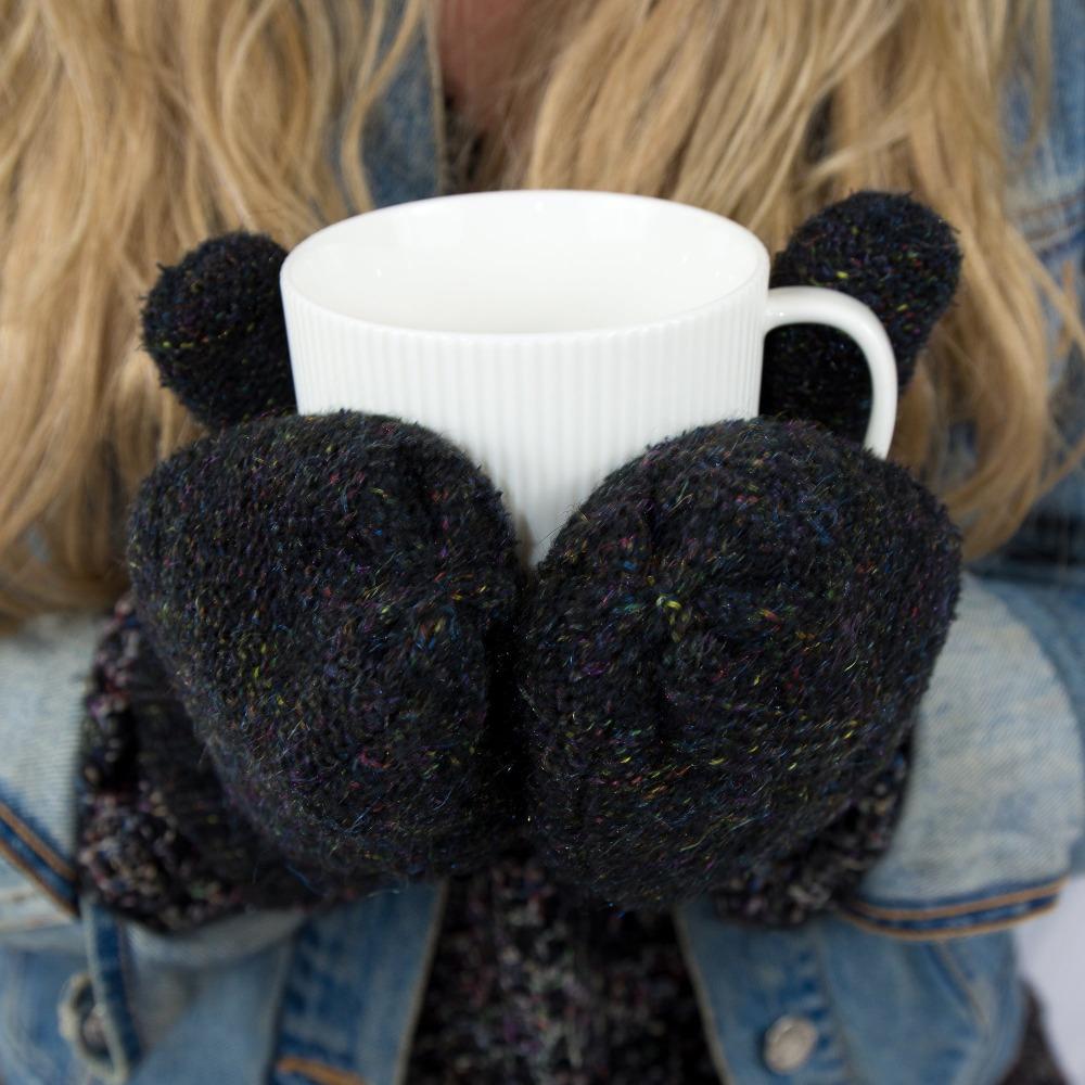 Women's Recycled RPET Cable Knit Mittens in Black on Model