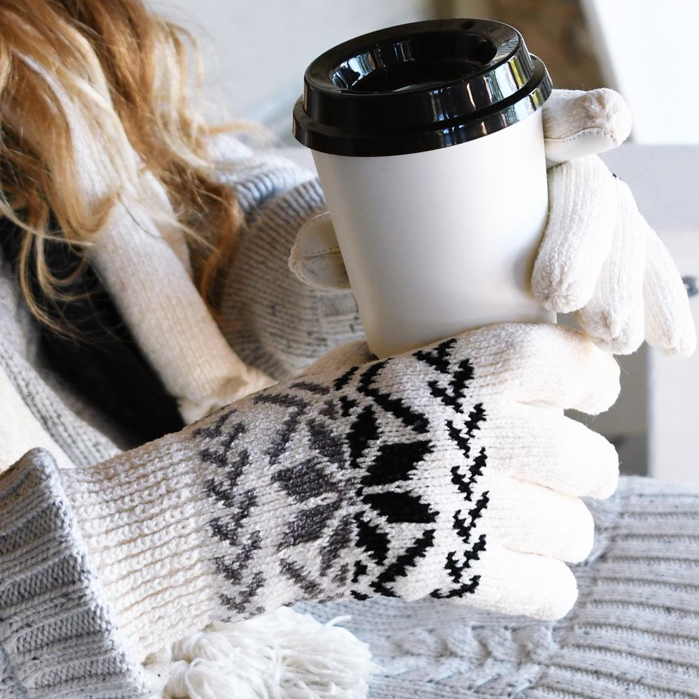 Women’s Chenille Snowflake Gloves in ivory on figure, model holding coffee cup while bundled up outdoors