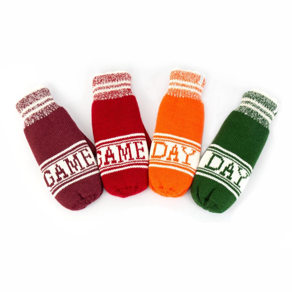 Women's Game Day Mittens Cherry Stone (Red), Really Red, Pumpkin (Orange), Basil (Green) laid out