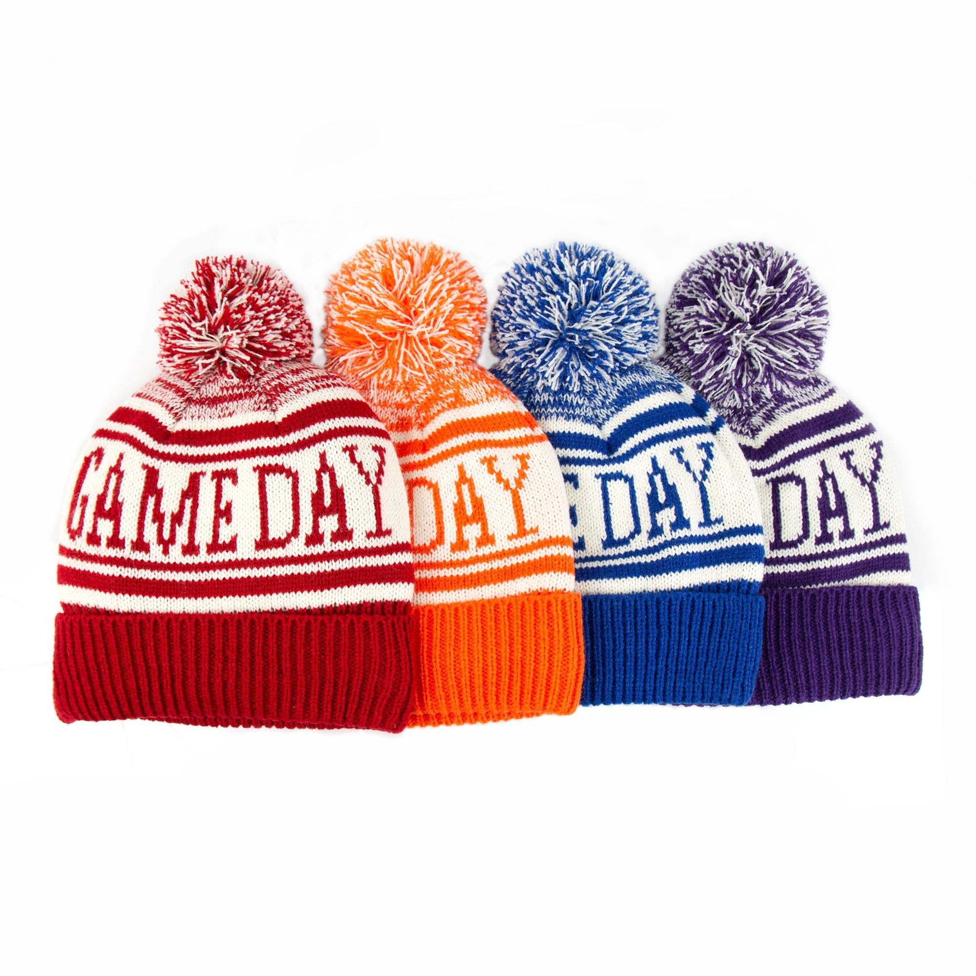 Women's Game Day Hat in Really Red, Pumpkin (Orange), Sapphire (Blue) Eggplant (Purple) Laid Out