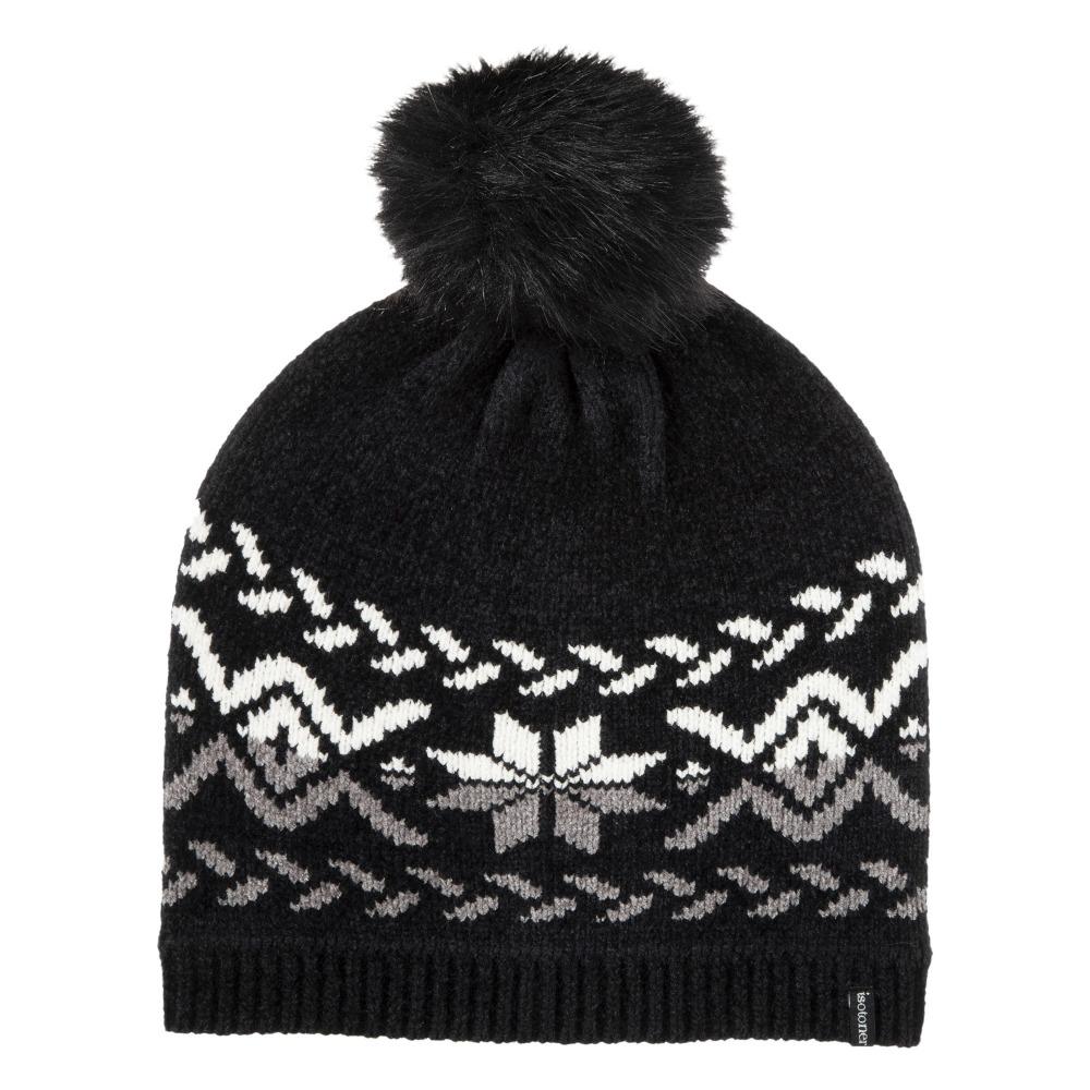 womens chenille snowflake hat with pom in black
