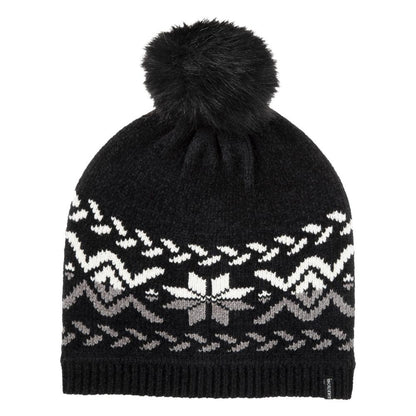 womens chenille snowflake hat with pom in black