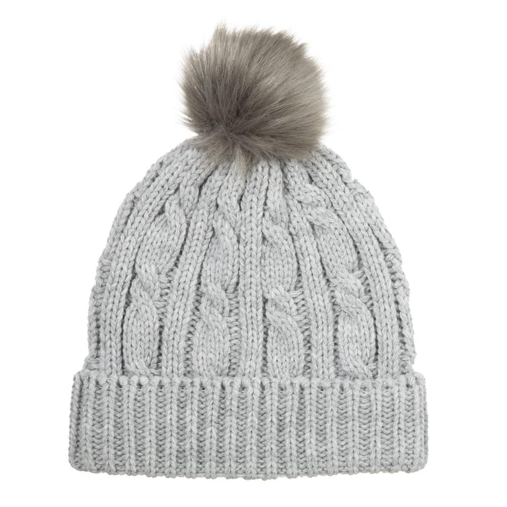 Womens soft knit beanie hat with pom in heather grey