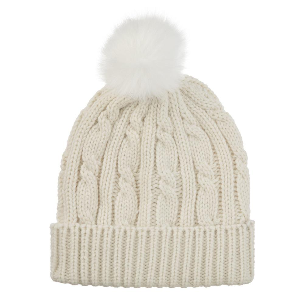 Womens soft knit beanie hat with pom in ivory off white