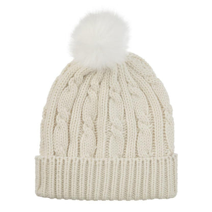 Womens soft knit beanie hat with pom in ivory off white