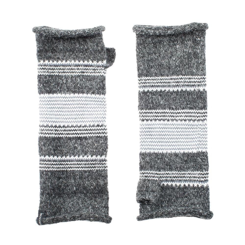 Women's Recycled Knit Fingerless Arm Warmers pair in Black with white and grey stripes side by side
