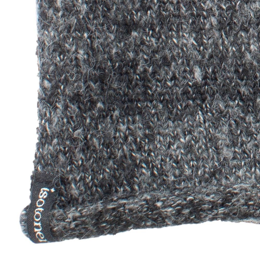 Women's Recycled Knit Fingerless Arm Warmers in Black with white and grey stripes close up on cuff "isotoner" detail