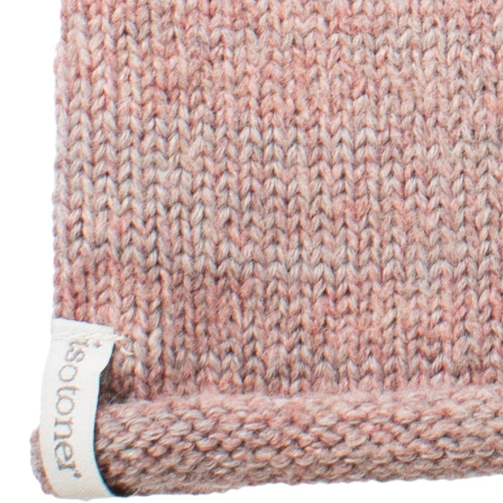 Women's Recycled Knit Fingerless Arm Warmers in Wild Blossom light pink with light blue and grey stripes close up on cuff "isotoner" detail