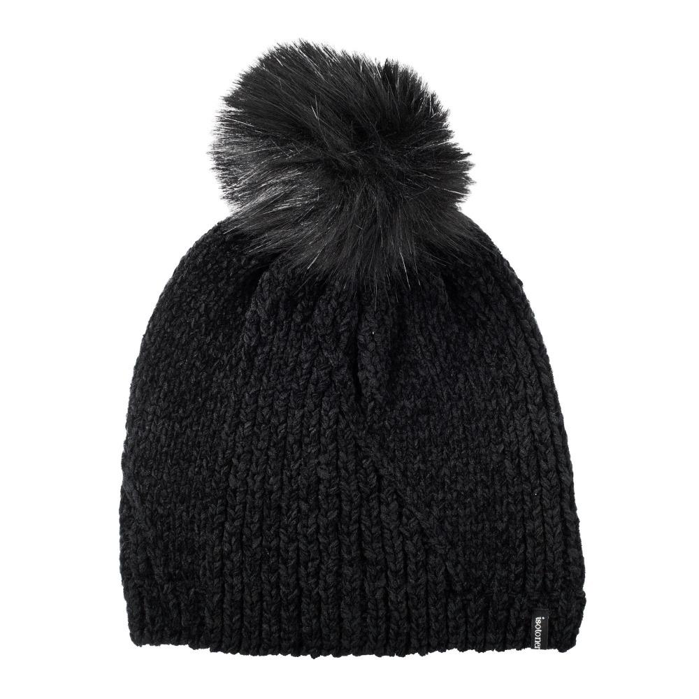 Women's Chenille Hat with Faux Fur Pom in Black