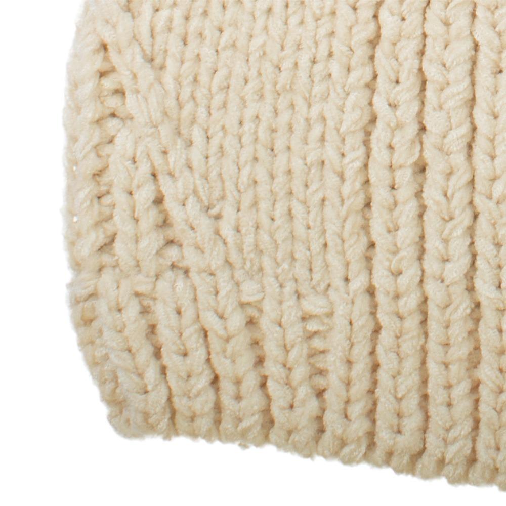 Women's Chenille Hat with Faux Fur Pom in Ivory close up on chenille fabric
