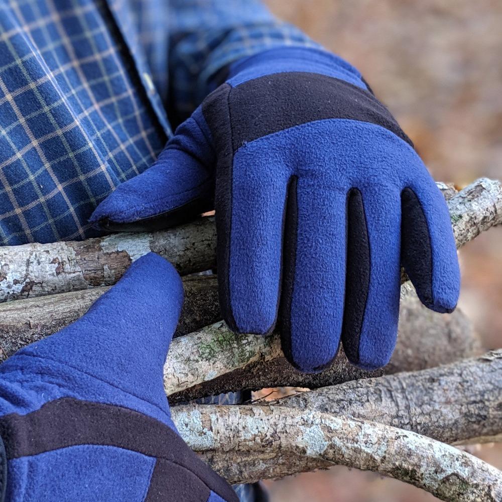 Men's Fleece Gloves with Pieced Back in Blue on Model