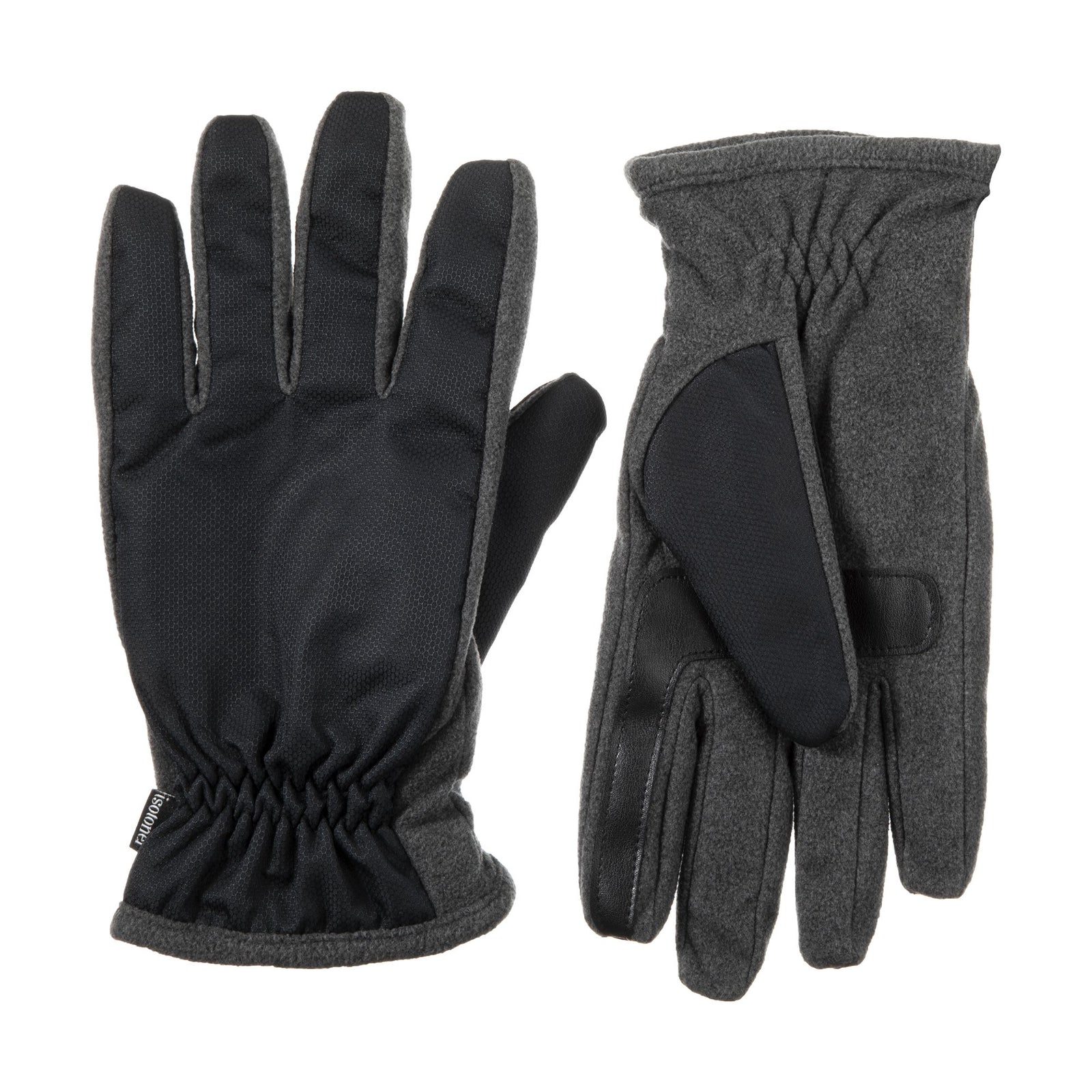 Men's Nylon & Fleece Gloves with Gathered Wrist Dark Charcoal Heathered (Grey) Front and Back