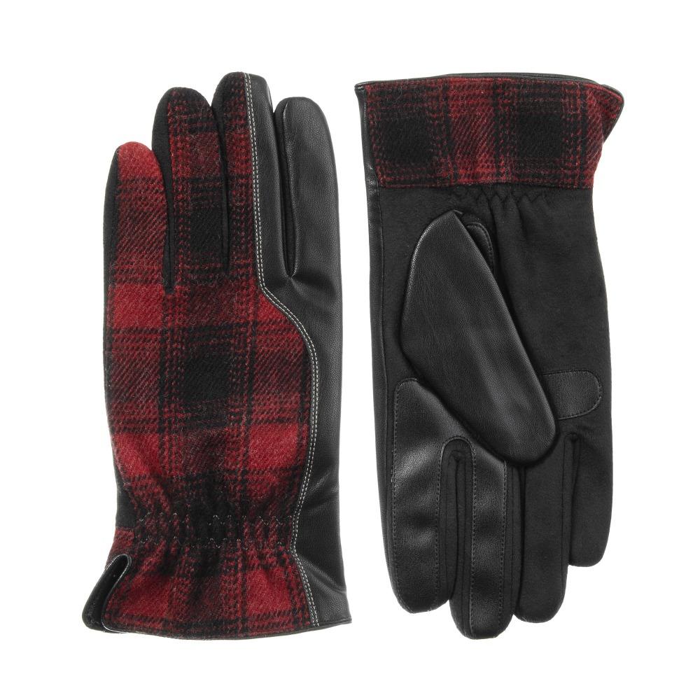 Men's Faux Suede and Microfiber Gloves in Black (Black and Red Plaid) Front and Back View 