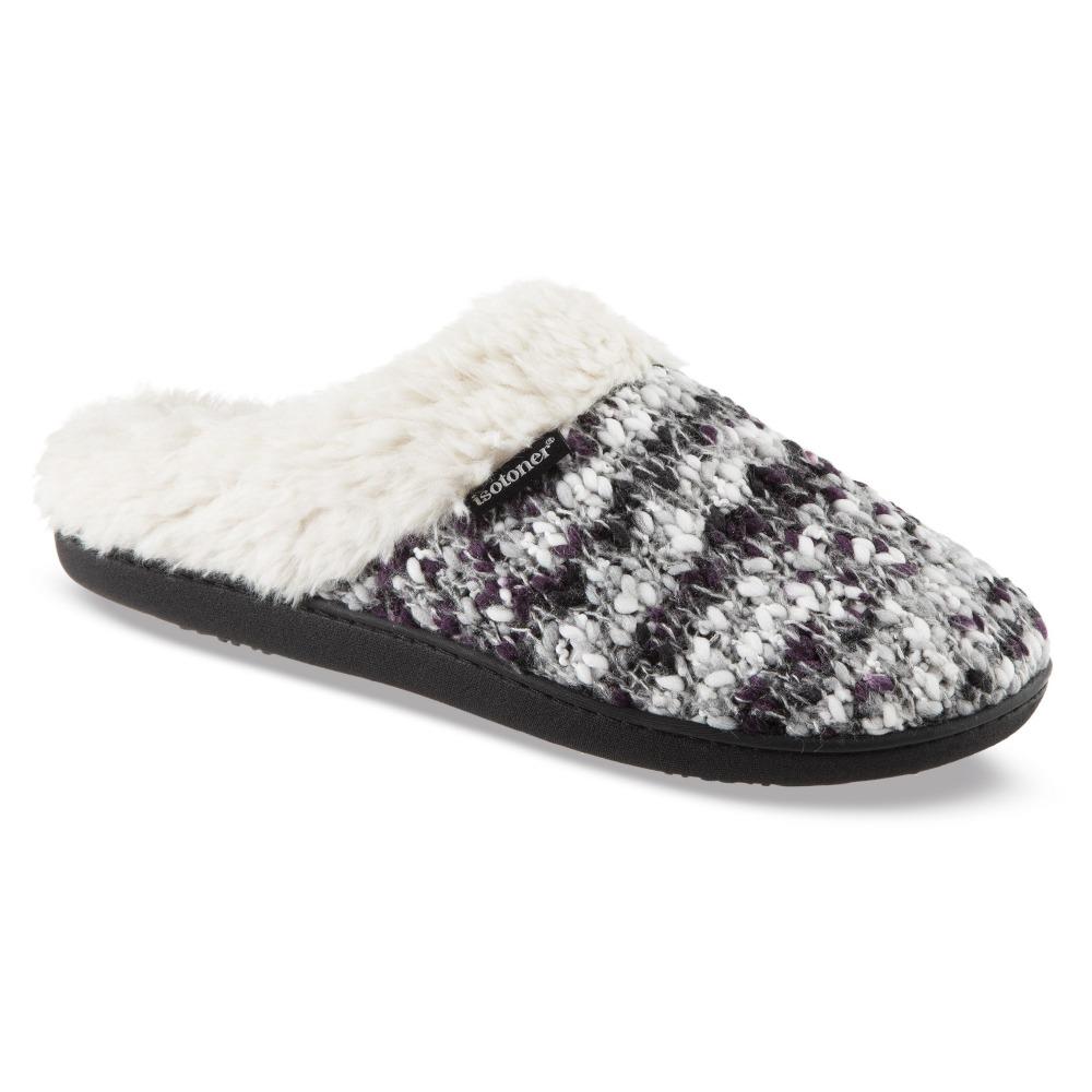 Women's Sweater Knit Amanda Hoodback Slippers in Heather with Purple Right Angled View
