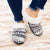 Women's Sweater Knit Amanda Hoodback Slippers in Heather with Purple on Model standing on hardwood floor