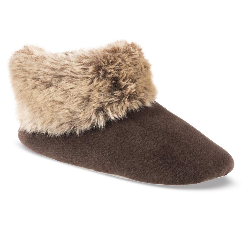 Women's Stretch Velour Sabrine Bootie Slippers in Dark Chocolate Right Angled View