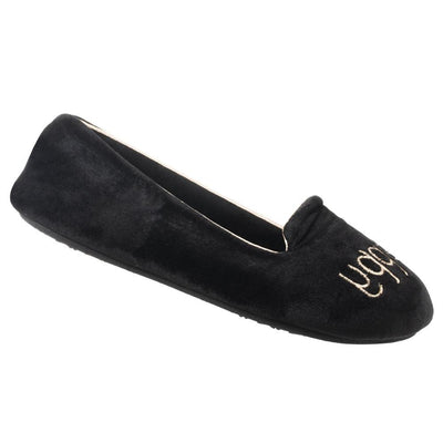 Women's Velour Conversational Smoking Slippers in Black Bee Happy Right Angled View
