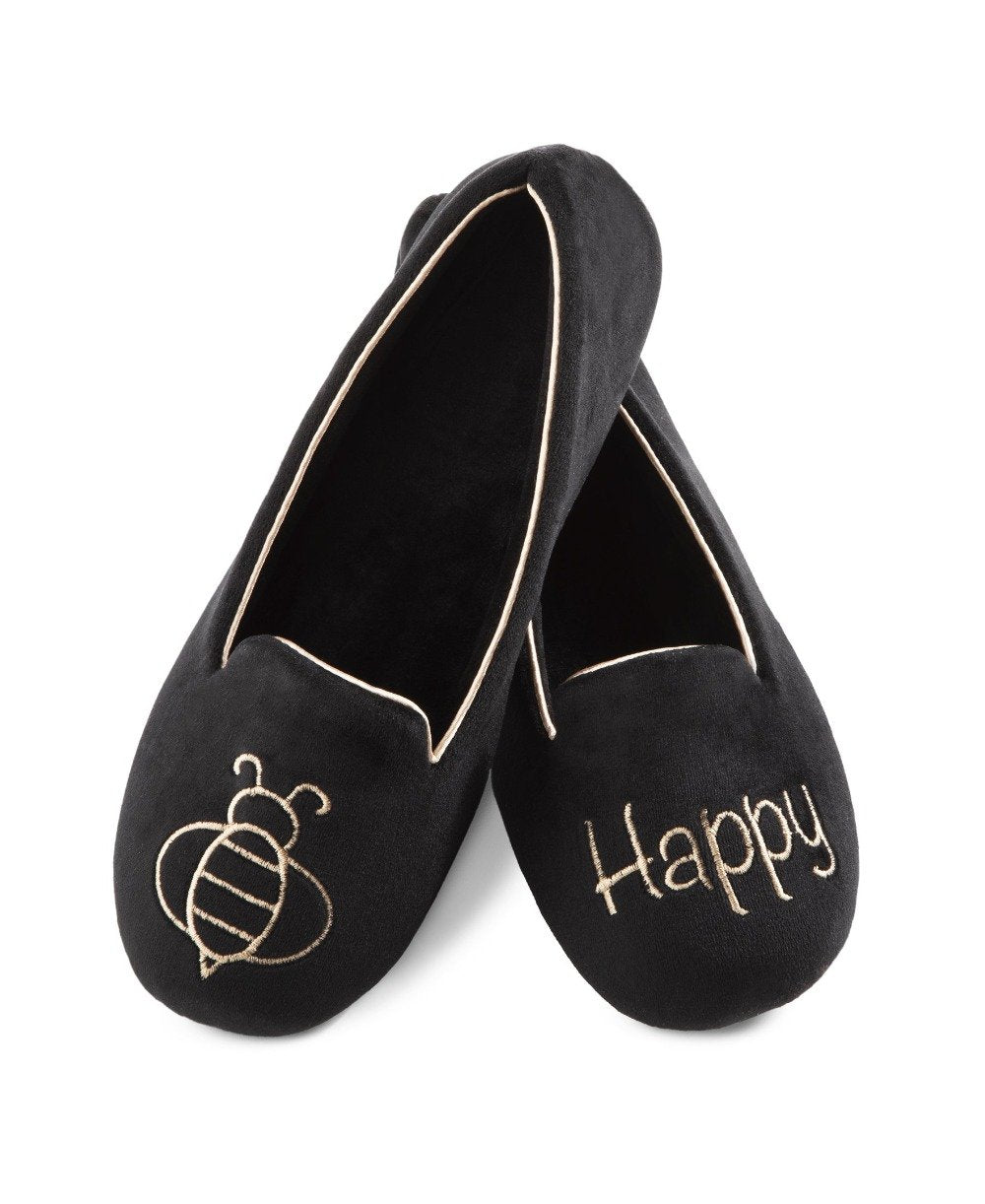 Women's Velour Conversational Smoking Slippers Pair in Black one slipper has an illustration of a Bee the other says "Happy"