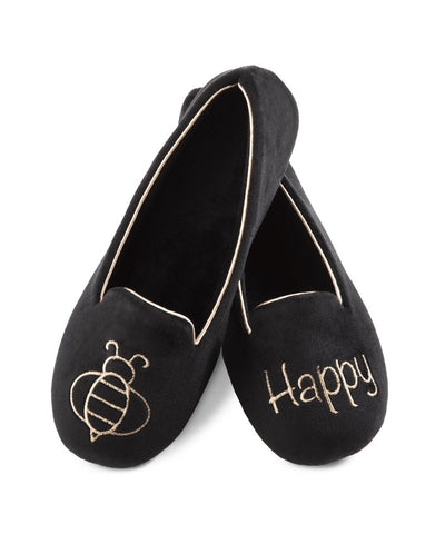 Women's Velour Conversational Smoking Slippers Pair in Black one slipper has an illustration of a Bee the other says "Happy"
