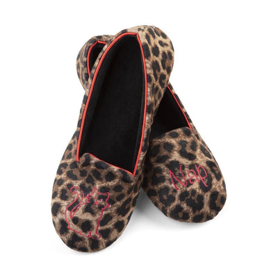 Women's Velour Conversational Smoking Slippers Pair in Cheetah one slipper has an illustration of a Cat, the other says "Nap"