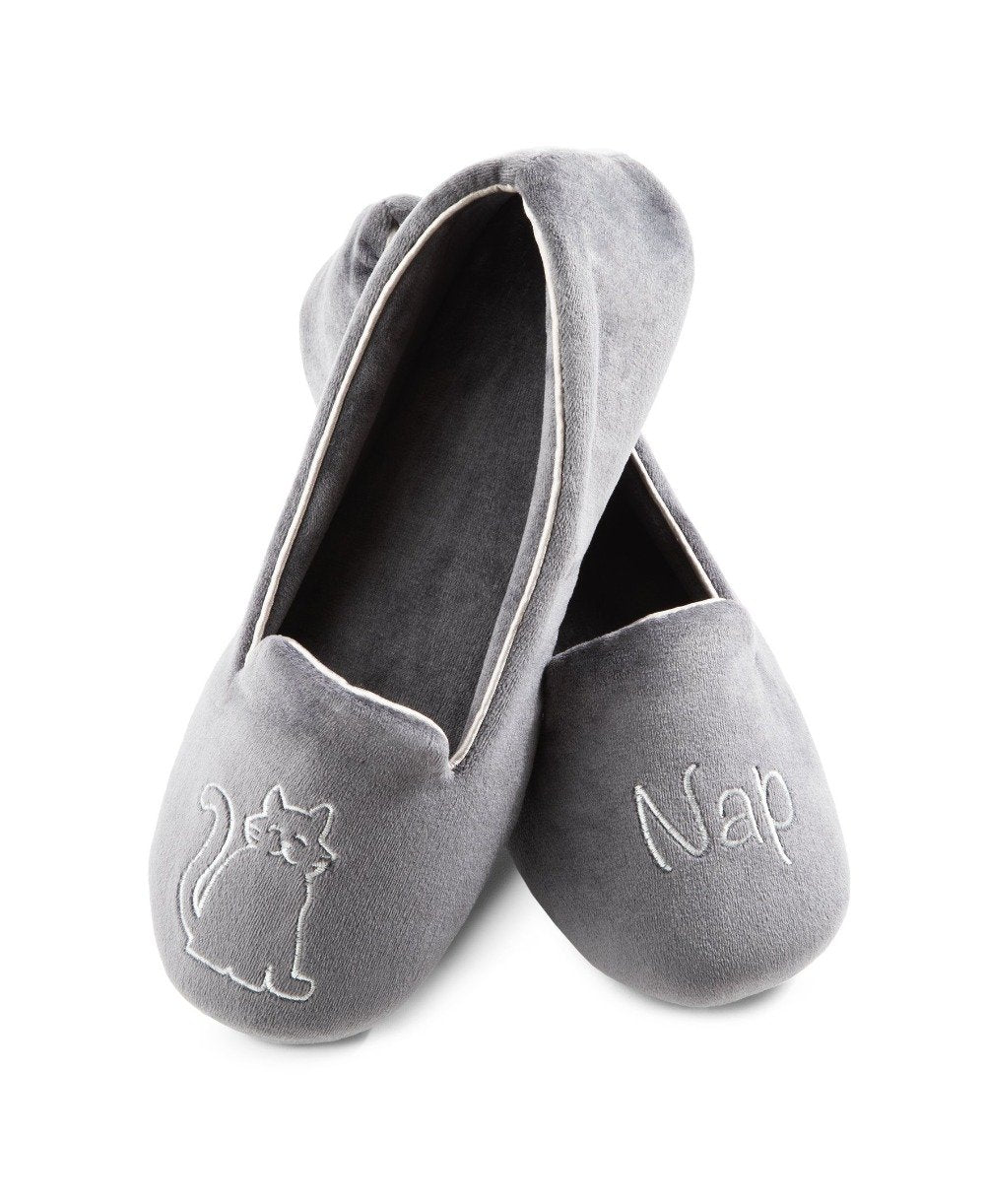 Women's Velour Conversational Smoking Slippers Pair in Mineral one slipper has an illustration of a Cat, the other says "Nap"