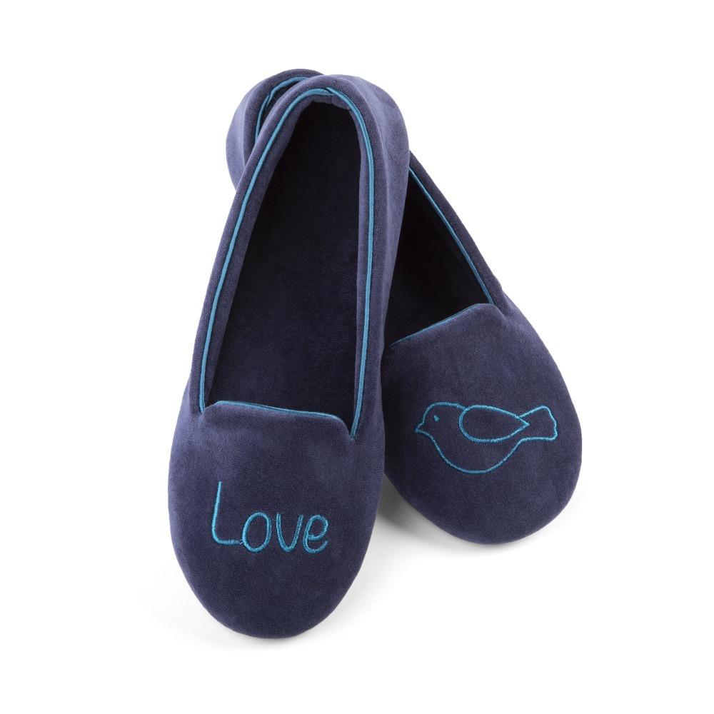 Women's Velour Conversational Smoking Slippers Pair in Navy Blue one slipper has an illustration of a Bird, the other says "Love"