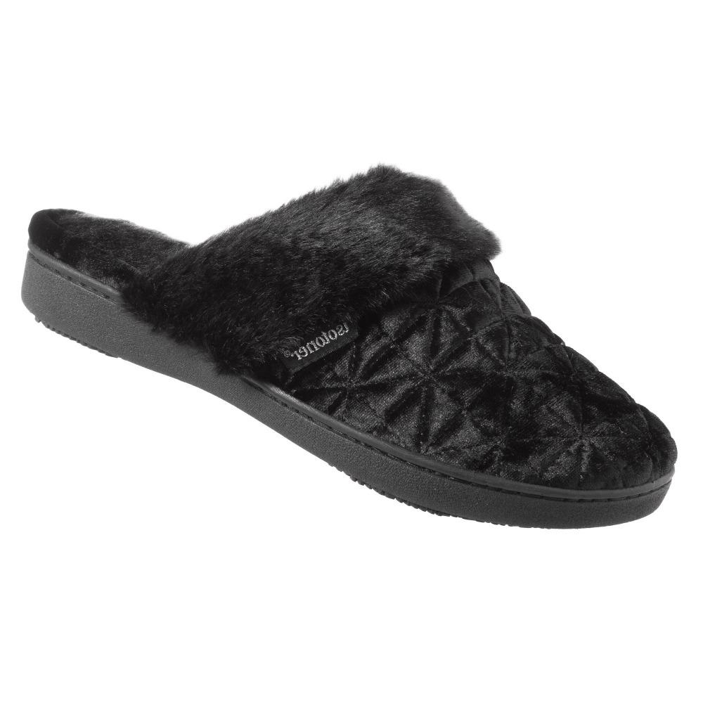 Women's Crushed Velour Stephanie Clog Slippers in Black Right Angled View