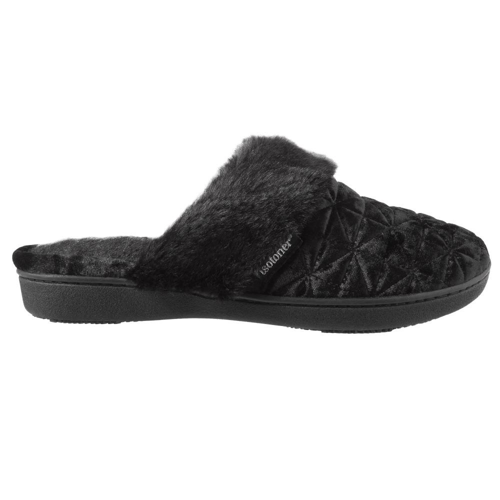 Women's Crushed Velour Stephanie Clog Slippers in Black Profile