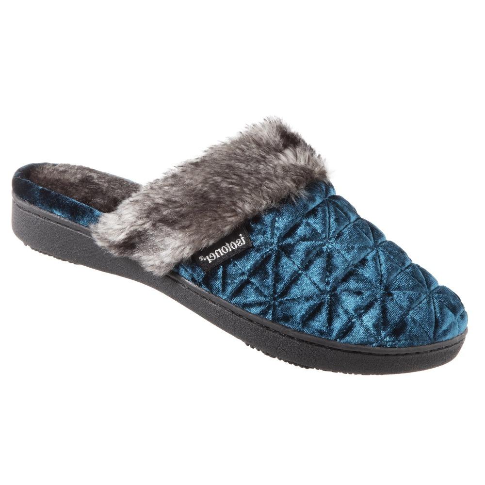 Women's Crushed Velour Stephanie Clog Slippers in Moroccan Blue  Right Angled View
