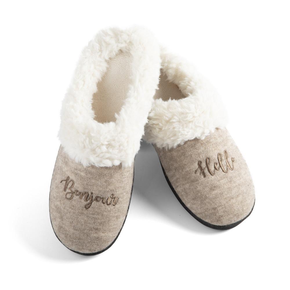 Women's Sweater Knit Novelty Clog Slippers Oatmeal Bonjour/Hello Pair