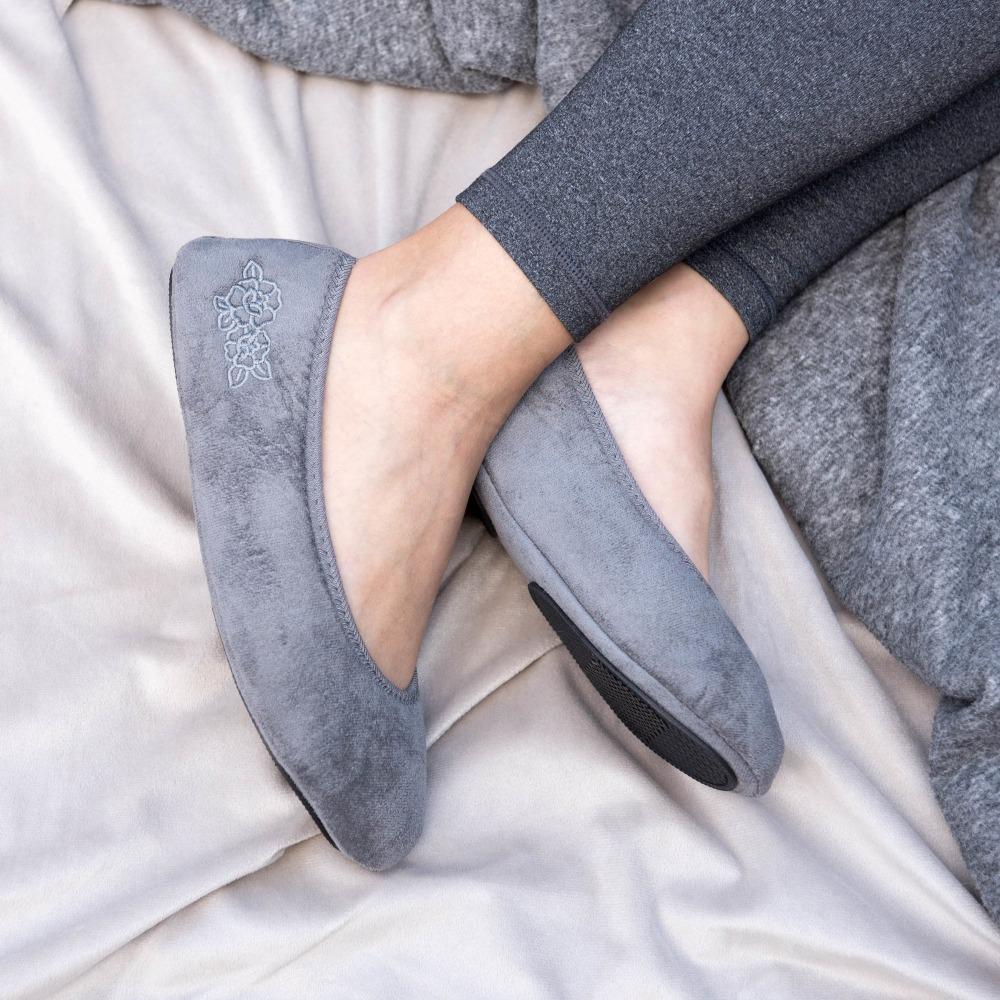 Women's Embroidered Brianna Ballerina Slippers in Ash On Model on cozy blanket