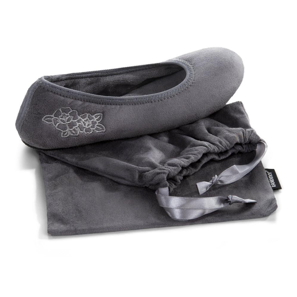Women's Embroidered Brianna Ballerina Slippers in Ash Slipper with Travel Pouch