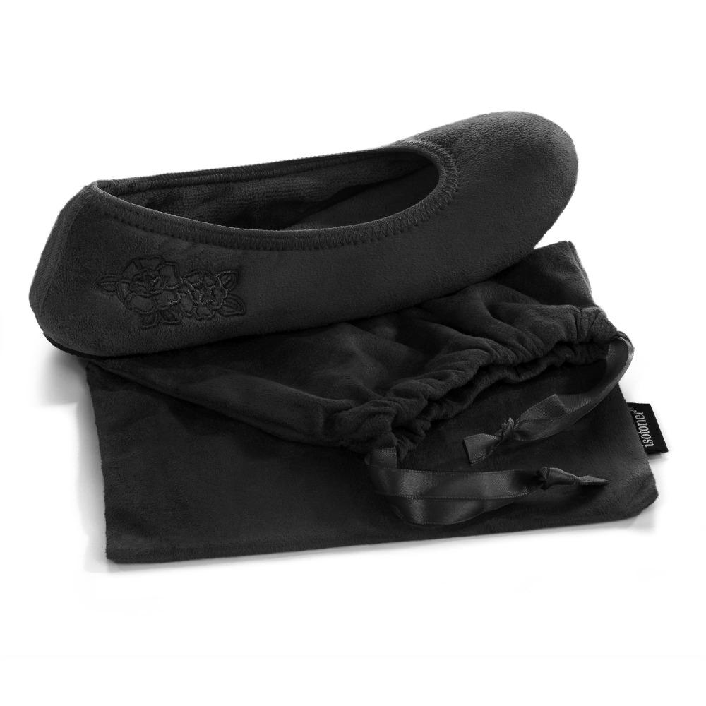 Women's Embroidered Brianna Ballerina Slippers in Black Slipper with Travel Pouch