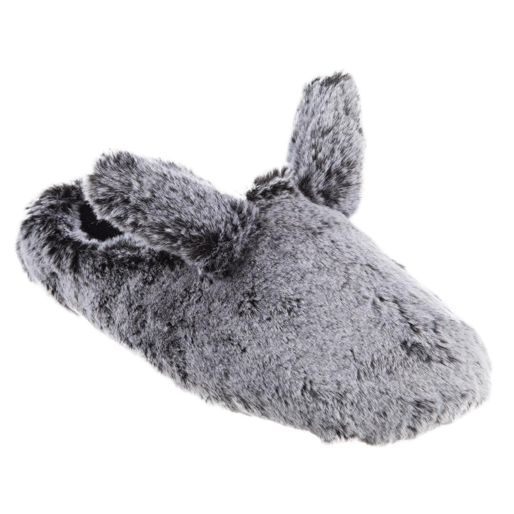 Women's Faux Fur Fey Novelty Hoodback Slippers in Black Bunny Ears Right Angled View
