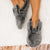 Women's Faux Fur Fey Novelty Hoodback Slippers in Black Bunny Ears In Model on Fur Rug